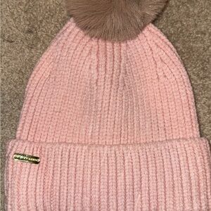 Steve Madden Pink Knit Hat with Brown Pom Pom